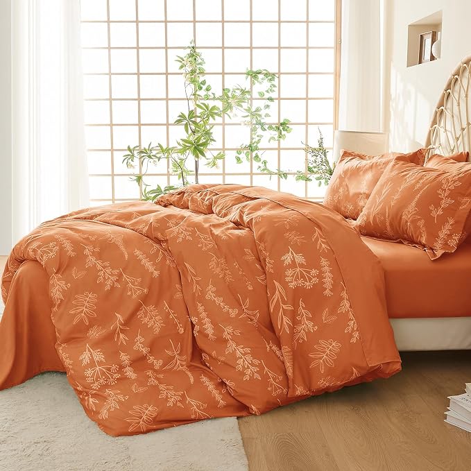 MUXHOMO Duvet Cover Full Size, Reversible Floral Caramel Duvet Cover Set with Zipper Closure, 3 Pieces Botanical Patterns Soft Microfiber Bedding Set with 4 Ties (80"x90", 2 Pillow Cases)
