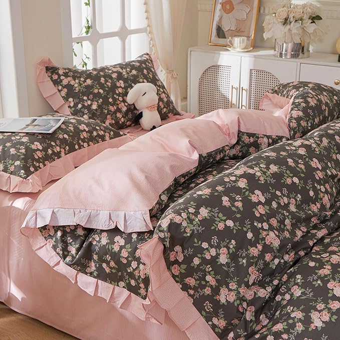 mixinni Vintage Floral Duvet Cover Set Twin XL Size – 100% Cotton Ruffle Lace Bedding, Pink Rose Flower and Green Leaf Print, Reversible Stripes Pattern, Grandmillennial Cottagecore Aesthetic 3Pcs