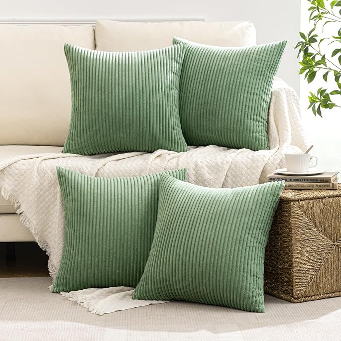MIULEE Soft Corduroy Decorative Throw Pillow Covers Sage Green 18x18 | Set of 4, Mordern Nordic Home Decor, All Same Color Set, Boho Farmhouse Cushion Covers for Couch Bed Sofa Living Room