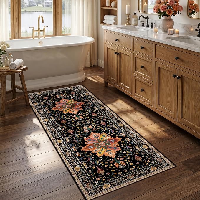 RELEANY Washable Area Rug, Runner 2'6"x5', Black/Colorful | Non-Slip, Water Repellent, Pet Friendly, Easy to Clean, Vintage Floral Boho Decor for Kitchen Entry Bedroom Bedside Laundry