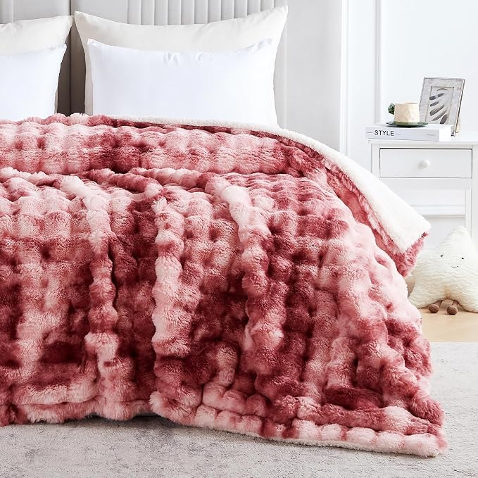 60x80 Inches Ultra-Soft Fuzzy Faux Fur Plush Twin Size Blanket - Thick, Warm Sherpa for Couch, Sofa, Bedroom, Camping - Decorative Blanket for Cozy Warmth, Bubble Dusty Rose Tie Dye