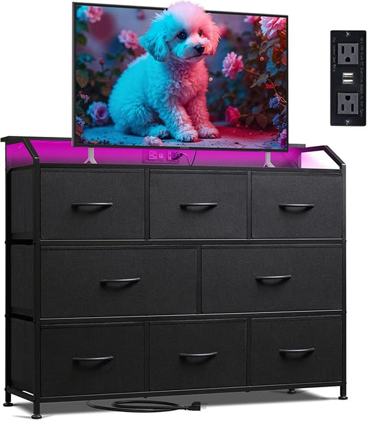 WLIVE Dresser for Bedroom, 8 Drawer LED Dresser with Outlet, Black | 8 roomy fabric drawers, LED ambient lighting, Built-in power outlet, Bedroom or living room, Chest of drawers