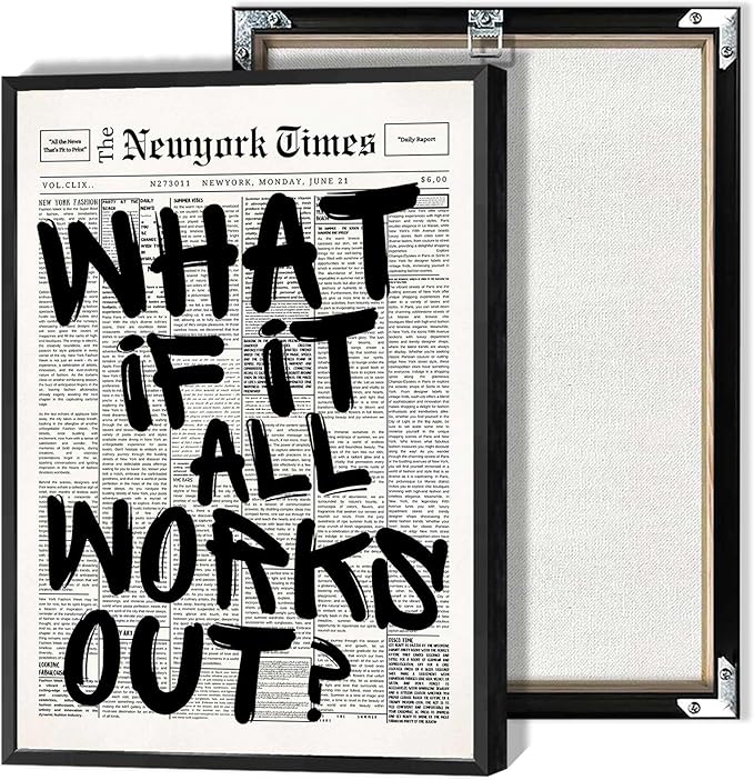 Retro Black And White Newspaper Poster What If It All Works Out Canvas Wall Art Positive Affirming Quote Minimalist Prints Painting For Home Bedroom Dorm Wall Decor 16x24in Framed