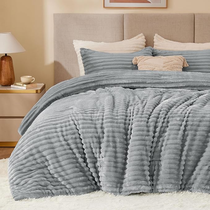 BEDELITE Fleece Twin/Twin XL Comforter Set, Fluffy Bed Set, Light Grey | Super Soft & Warm Bedding, Luxury Fuzzy Faux Fur Comforter for Winter, Heavy Plush Bedding, with 1 Pillowcase