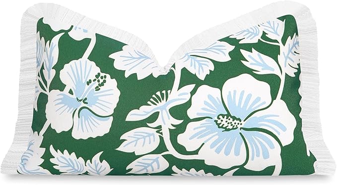 Hofdeco Premium Coastal Patio Indoor Outdoor Lumbar Pillow Cover Only, 12"x20" Water Repellent for Backyard, Couch, Green Baby Blue Print Tropical Hisbucs Flowers