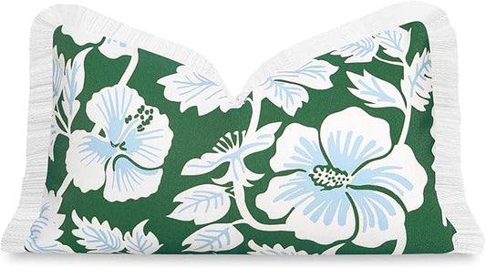 Hofdeco Premium Coastal Patio Indoor Outdoor Lumbar Pillow Cover Only, 12"x20" Water Repellent for Backyard, Couch, Green Baby Blue Print Tropical Hisbucs Flowers