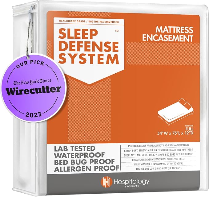 HOSPITOLOGY PRODUCTS Mattress Encasement - Zippered Bed Bug Dust Mite Proof Hypoallergenic - Sleep Defense System - Full/Double - Waterproof - Stretchable - Standard 12" Depth - 54" W x 75" L