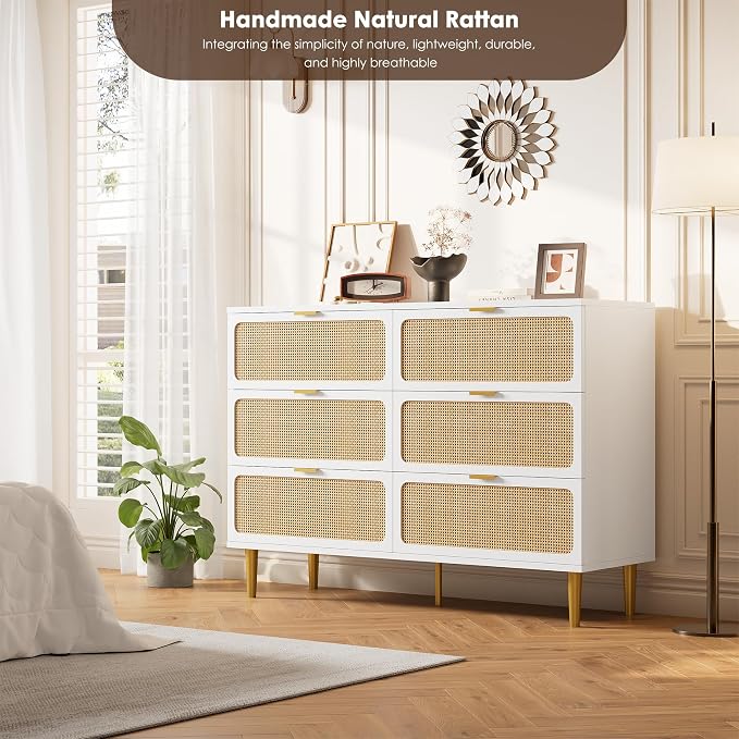 GarveeHome Rattan 6 Drawer Dressers for Bedroom, Deep Drawer, White | Tall Dresser, Wide Top, for Living Room, Hallway, Kids Room, Large Chest of Drawers for Closet, Long Wooden Dresser