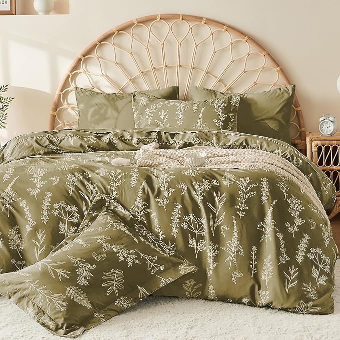 MUXHOMO Duvet Cover Twin/Twin XL Size Set, Reversible Floral Olive Green Duvet Cover with Zipper Closure, 2 Pieces Botanical Patterns Soft Microfiber Bedding Set with 4 Ties (68"x90", 1 Pillow Case)
