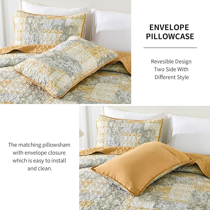 Mybedsoul Boho Quilt King Size, Patchwork Reversible Bedding Set, Yellow | Soft Lightweight Microfiber Floral Coverlet Set, 3 Pieces Plaid Bedspread, Bed Sets for All Seasons 90"x110"
