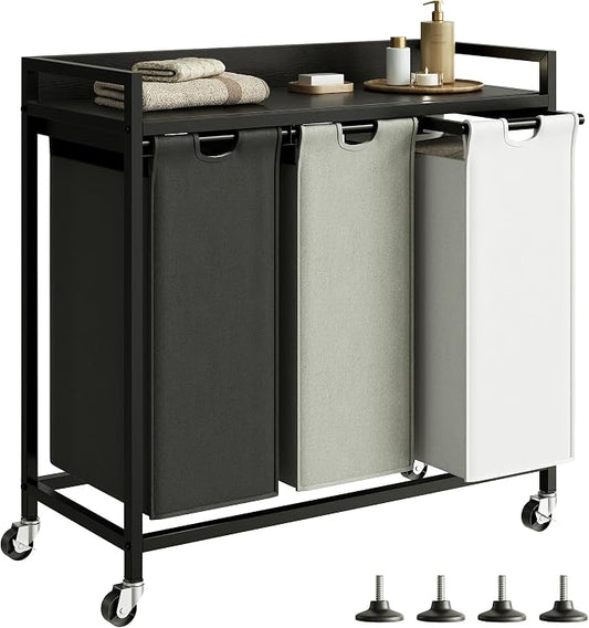 Herture Laundry Hampers with Shelf, Laundry Basket 3 Section, 3 x 15.87 Gal | Laundry Sorter with Pull-Out Removable Large 3 Color Bags and Movable Wheels, Metal Frame, Black PF04XLK