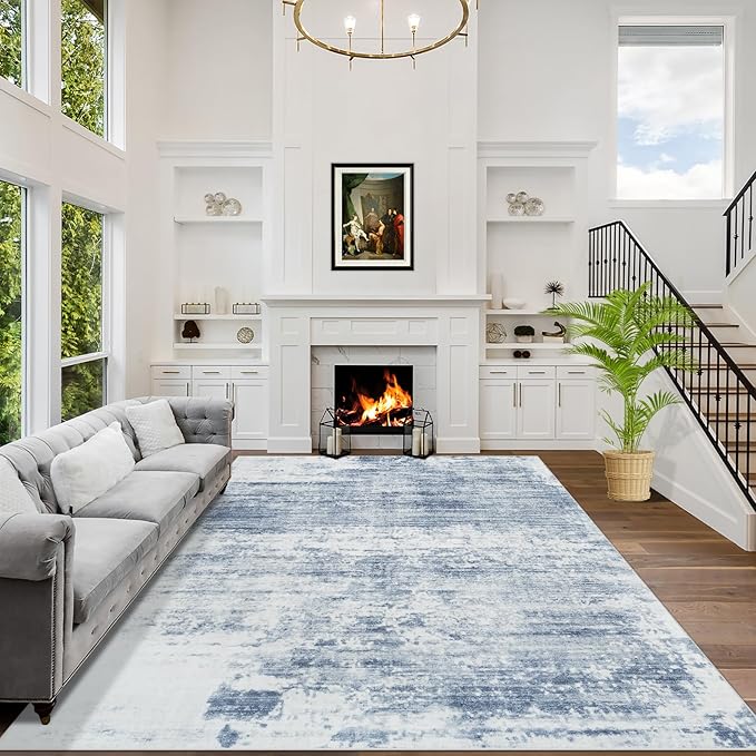 9x12 Area Rugs for Living Room: Washable Abstract Blue White Badroom Carpet | Non-slip TPE backing makes this washable soft low-pile rug safe & durable, Pet-friendly decor for dining room,nursery,office