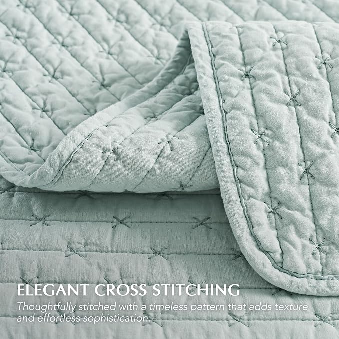 100% Cotton Cross Stitch Quilt Set, Twin, Seafoam Aqua | 100% Cotton, Elegant Cross Stitch, Soft & Breathable, Prewashed Softness, Oversized Design, OEKO-TEX® Certified