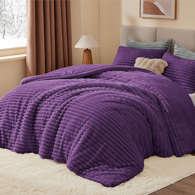 BEDELITE Fleece Full Comforter Set, Fluffy Bed Set, Purple | Super Soft & Warm Bedding, Luxury Fuzzy Faux Fur Comforter for Winter, Heavy Plush Bedding, with 2 Pillowcases
