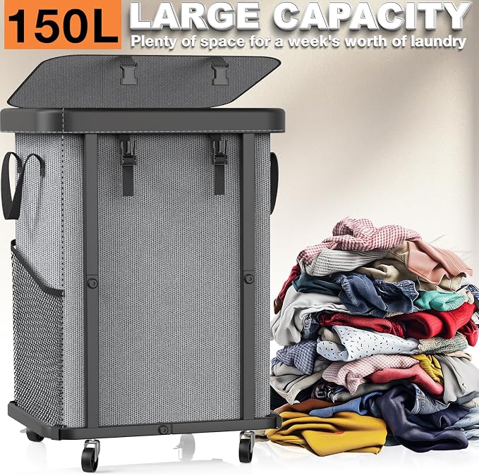 Laundry Basket with Wheels,150L (40 Gal) Rolling Hamper Carts - Gary | Leather Patchwork Laundry Hamper,Sturdy Metal Frame, Removable Washable Bag, Tall Clothes Sorter for Bedroom, Laundry Room
