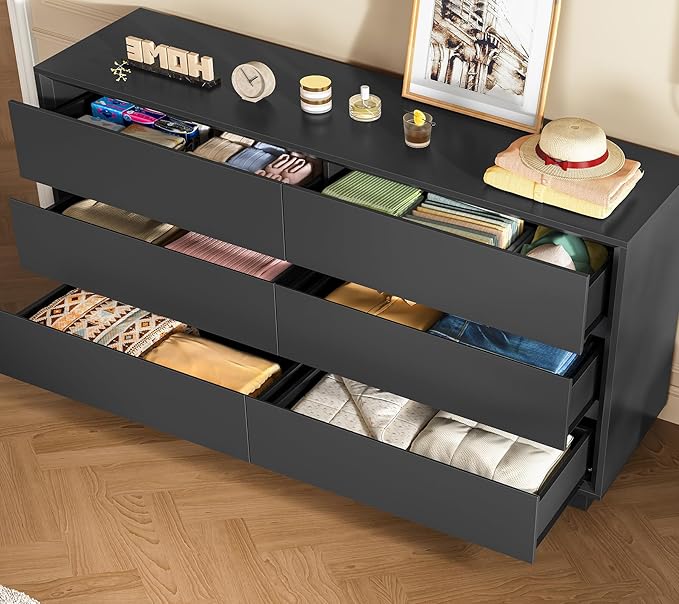 TEENFON 55" Dresser for Bedroom with 6 Drawers, Black Dresser with Metal Slide, Bedroom Dressers, Wood Dressers & Chests of Drawers for Bedroom, Hallway, Black