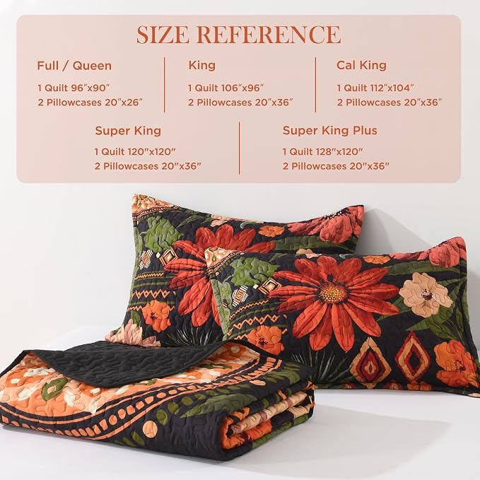 Quilt King Size, Black Floral Boho Summer Bedspread 3 Pieces | Red Flower Botanical Summer Bedspreads with 2 Shams, Reversible Polyester Coverlet Set for All Seasons, 106"x96"