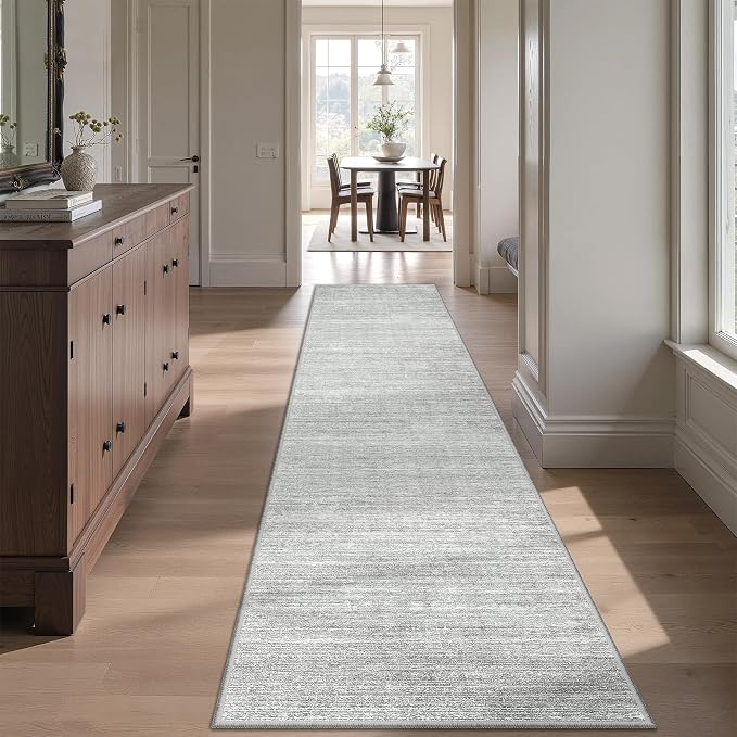 2x12 Runner Rug Non Slip, Washable Rug Runners for Hallways, Grey | Soft Low Pile, Thin & Lighweight Carpet, Folable Stain Resistant Modern Indoor 12ft Floor Mat for Living Room,Bedroom,Kitchen