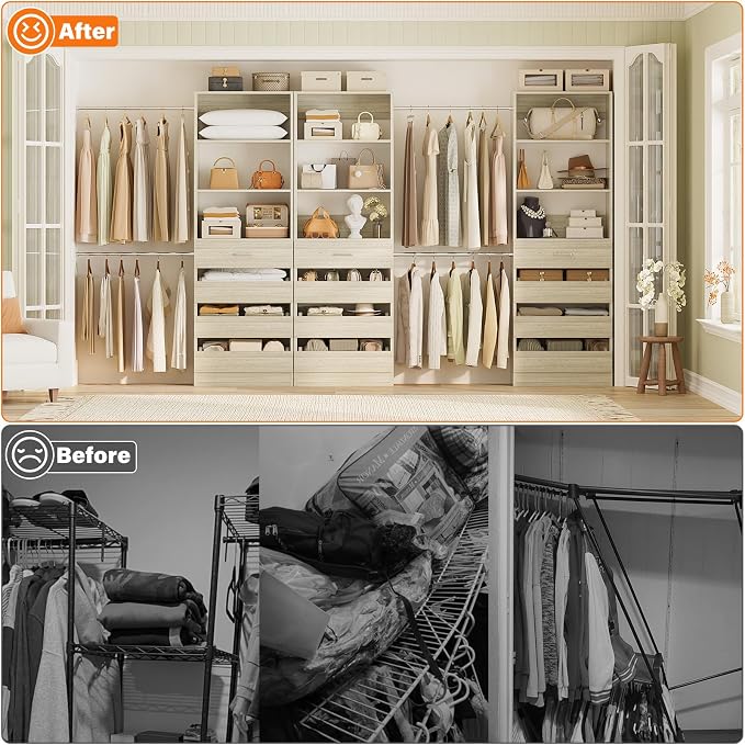 Aheaplus Closet System with 12 Drawers, 8.5-11.5Ft Wood Closet Organizer | White Oak Closet Storage with 4 Hanging Rods & 3 Towers, 4Ft & 6Ft L-Shaped Walk-in Closets Wardrobe Organizer, Set of 3