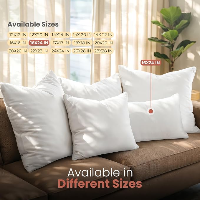 Utopia Bedding 16x24 Pillow Inserts, White Throw Pillows for Couch, 2 Pack | 100% Virgin Filling, Indoor Cushion Inserts for bed, sofa & couch, Extra Filled, Supportive & Fluffy Decorative Pillows