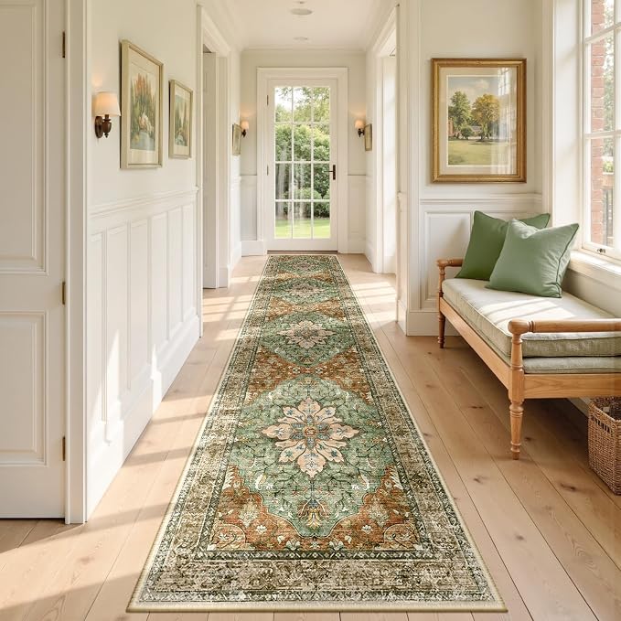 RELEANY Washable Area Rug, Runner 2'x9', Brick/Brown/Green | Non-Slip, Water Repellent, Pet Friendly, Easy to Clean, Vintage Floral Boho Decor for Kitchen Hallway Bedroom Laundry