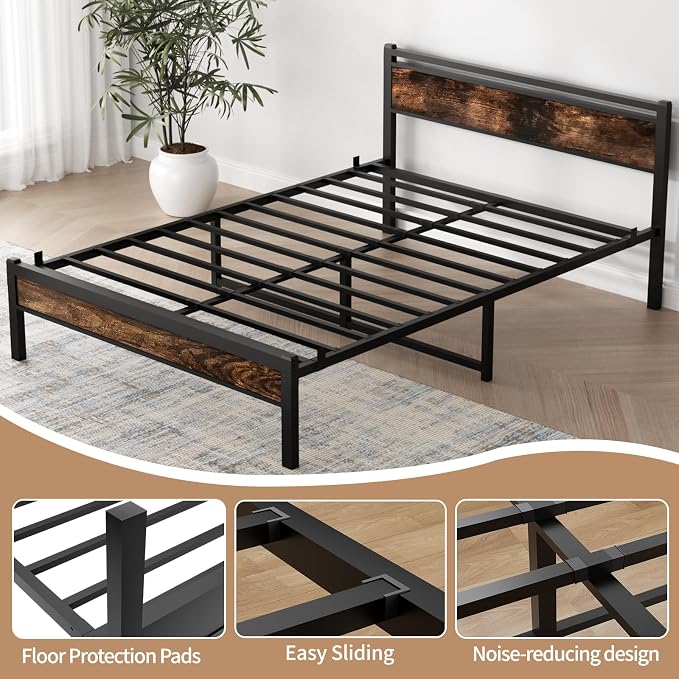 Easy Install 16 Inch Queen Size Bed Frame with Headboard&Footboard | Large Under Bed Storage, No Box Spring Needed, Non-Slip Without Noise, Sturdy Steel Frame, Mattress Foundation, Brown