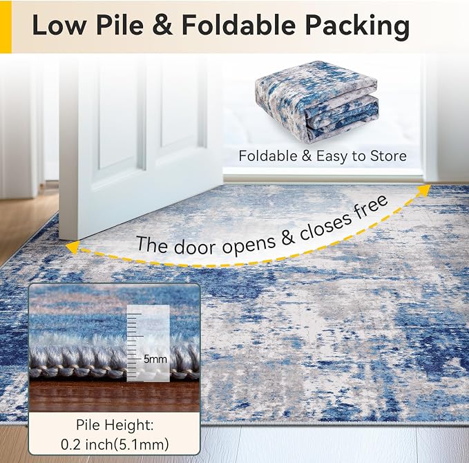 RELEANY Washable Square 7'x7' Area Rug for Living Room Blue Gray | Carpet for Bedroom, Kitchen, Office, Hallway and Entryway, Printed Pattern, Non‑Slip, Soft, Stain‑Resistant, Easy to Clean
