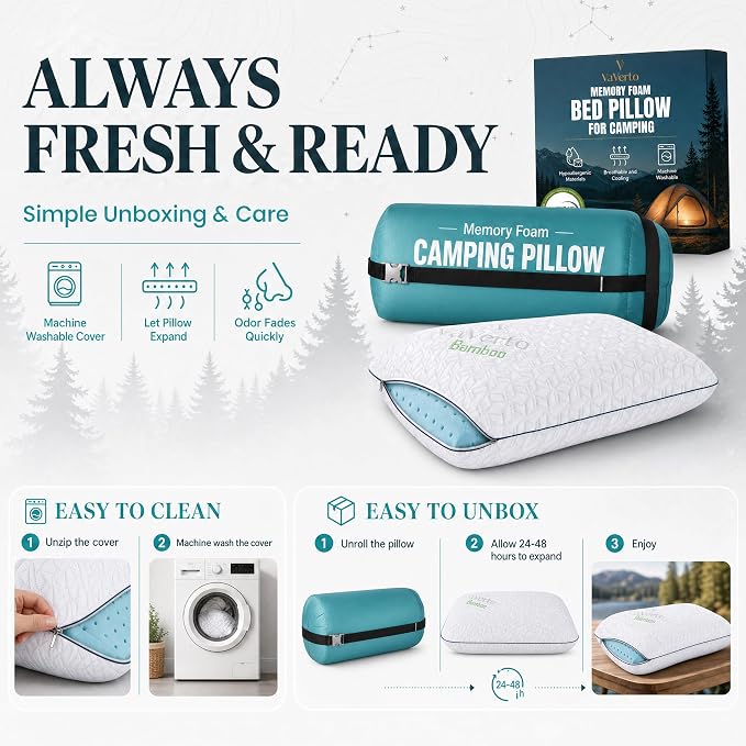 Camping Pillow - Backpacking Memory Foam Travel Pillow 1-Pack | Medium firm memory foam pillow - breathable, machine washable cover - Ideal lightweight small pillow - backpacking & outdoors