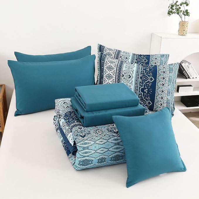 Cottolester Boho Comforter Set King Size 8 Pieces, Teal Blue Comforter Bohemian Striped Bed in A Bag, Soft Microfiber Bedding Set for All Seasons