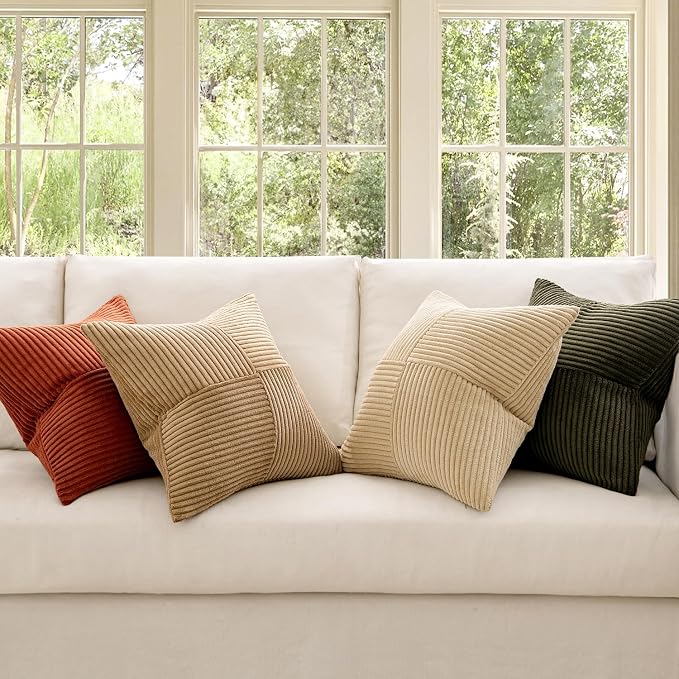 MIULEE Rust-Olive Green Decorative Throw Pillow Covers 18x18 Inch Set of 4 Boho Color-Clash Cushion Cases Farmhouse Pillow Cases Corduroy Striped Home Decor for Couch Sofa Living Room Bed