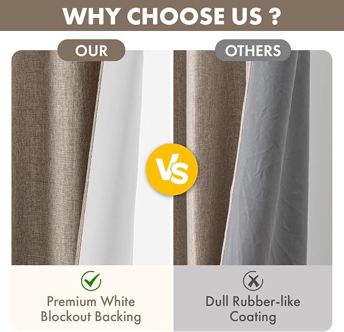 MIULEE 100% Blackout Linen Curtains for Bedroom 40W x 108L Taupe 2 Panels | 108 inches Long, Thermal Insulated, Room Darkening, Black Out Drapes for Living Room, Back Tab Rod Pocket
