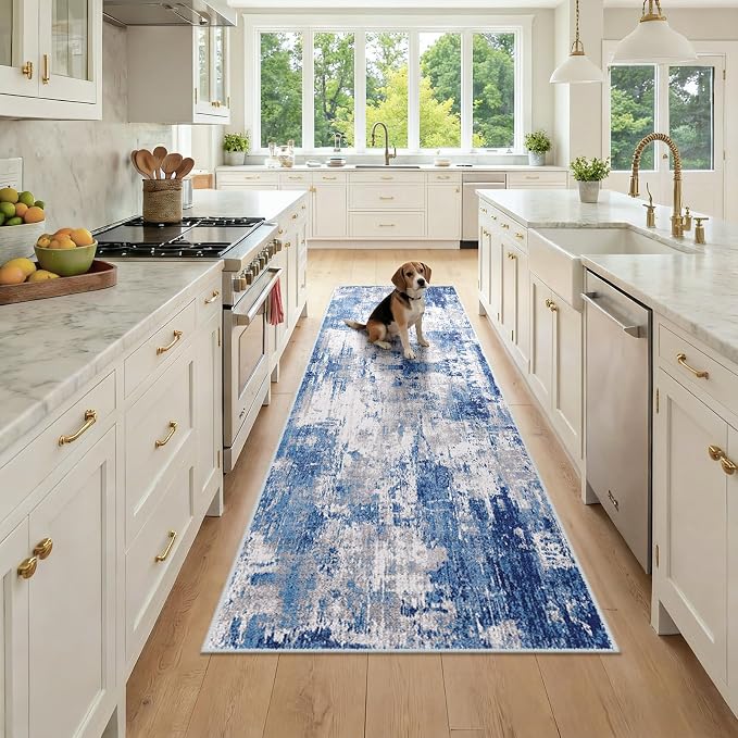 RELEANY Washable Runner 2'6"x8' Abstract Area Rug for Hallway Blue Gray | Carpet for Kitchen, Entryway, Bathroom, Living Room, Bedroom, Printed Pattern, Non‑Slip, Soft, Stain‑Resistant, Easy to Clean