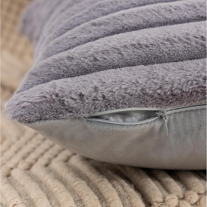 ZLINA Dark Grey Striped Faux Fur Throw Pillow Covers 18 x 18 Inch | 2‑Pack, boho striped pillow covers,velvet back,fuzzy plush cushion covers , for sofa bed livingroom home decor