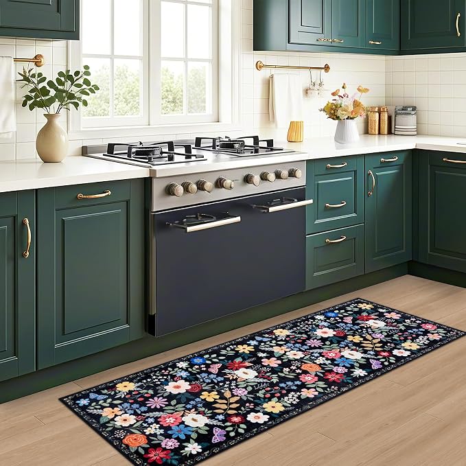 PLHXFR 2x5 Washable Runner Rug：Floral Indoor Kitchen Soft Carpet Black | For Hallway Bedroom Kitchen Laundry Bathroom Dorm,Vintage Floral,Machine washable,Non Slip,Stain Resistant,Indoor Floor