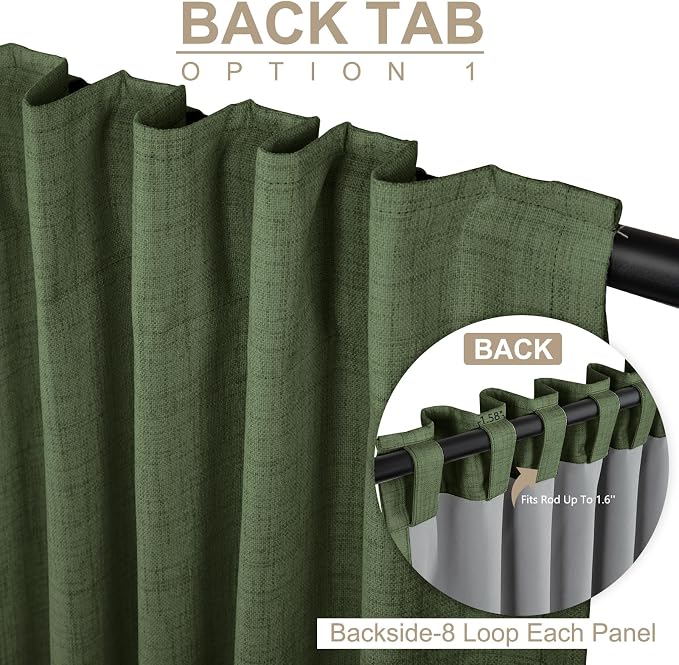 Faux Linen Total Blackout Curtains for Bedroom 80 Inches Long, Moss Green | 100% Blackout Shield, Back Tab/Rod Pocket Living Room Drapes, Thermal Insulated Blackout Curtains 2 Panels Set, 50"W x 80"L