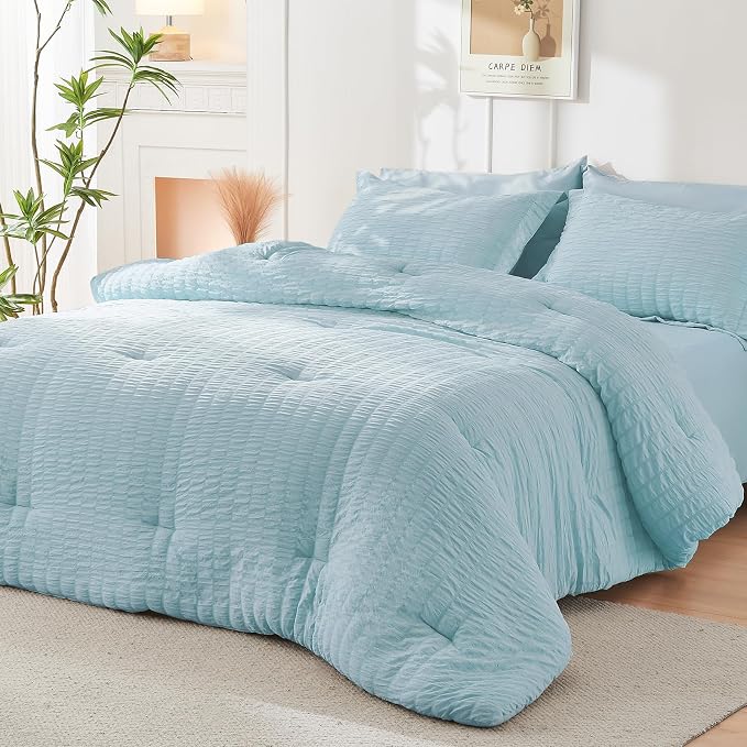 HYMOKEGE Lake Blue Oversized King Comforter Set Seersucker 7 Pieces, All Season Luxury Bed in a Bag for Bedroom, Bedding Set with Comforter, Sheets, Pillowcases & Shams
