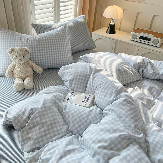 LifeTB Blue Gingham Comforter Set Full Size Modern Style Blue Plaid Comforter Set 3 Pieces Grid Checkered Pattern Comforter Fluffy Soft Farmhouse Gingham Bedding Comforter with 2 Pillowcases