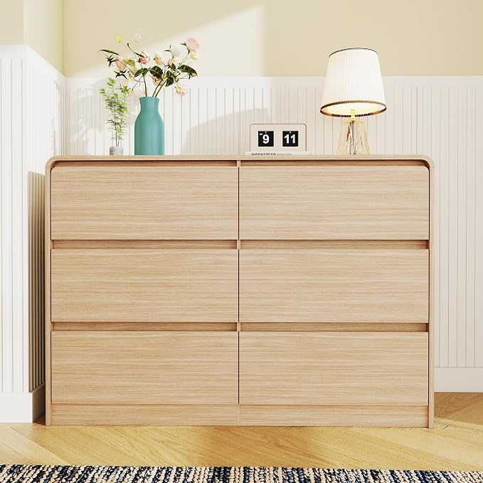 Vibe & Dine 6 Drawer Dresser, Modern Wooden Dressers & Chests of Drawers with Arc Edge Design, 47" Wide Dresser for Closet, Entryway, Bedroom, Natural Wood