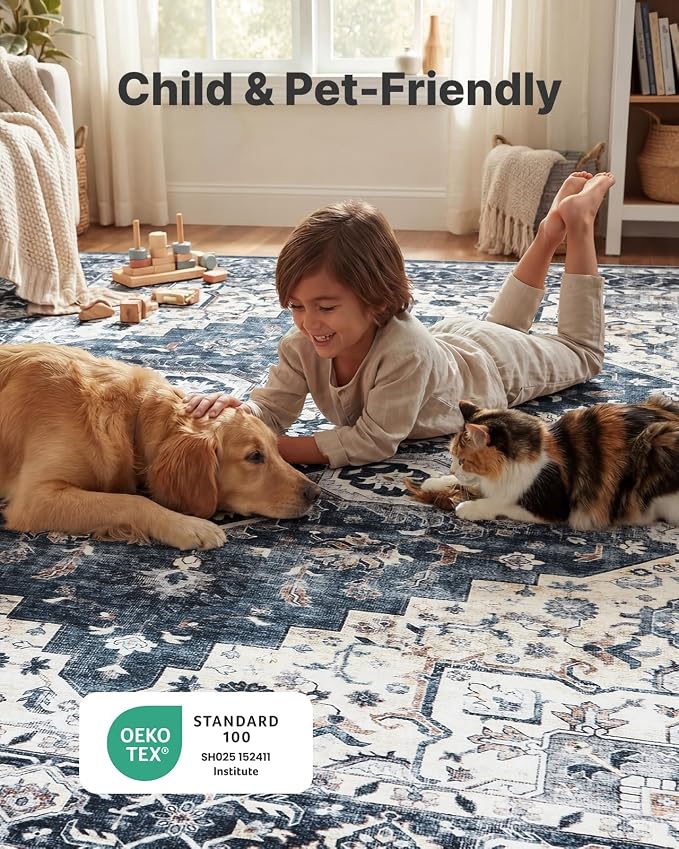 AMADA HOMEFURNISHING 2'6"x8' Washable Area Rug, Low-Profile Entryway Rug with Non-Slip Backing & Durable Edge Binding, Vintage Rug Pattern, Small Rugs for Entryway, Kitchen & Living Room