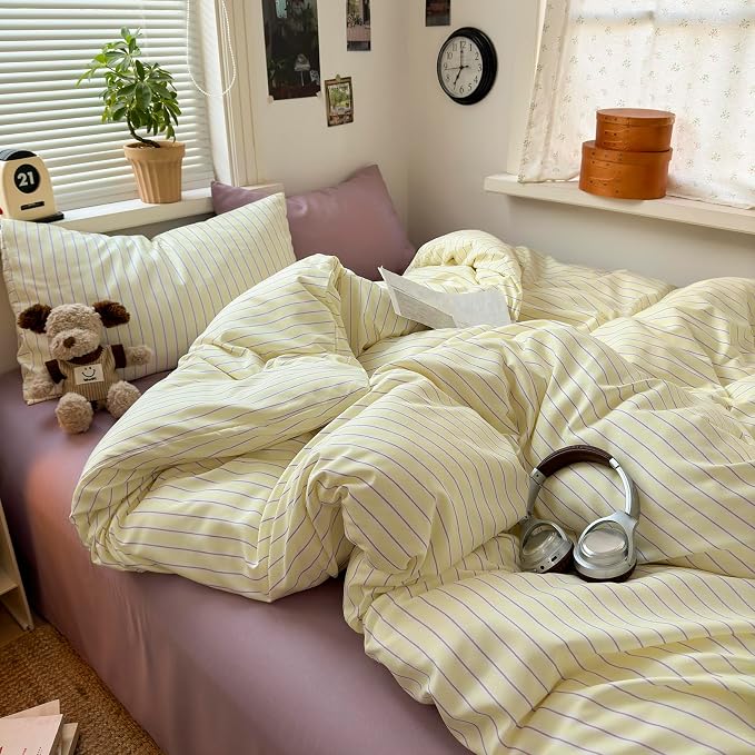 mixinni Pastel Yellow Lavender Striped Twin XL Duvet Cover Set, Soft Premium Washed Microfiber Aesthetic Stripes Comforter Cover with Hidden Zipper & Corner Ties, 3 Piece Sweet Teen Bedding for Girls