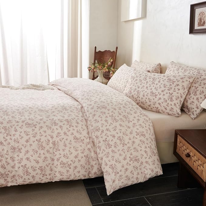 Floral Queen Size Comforter Set Soft 3 Pieces Chic Garden Style Vintage Floral Print Botanical Comforter for All Seasons Luxury Warmth Comfy Breathable with 2 Pillowcases