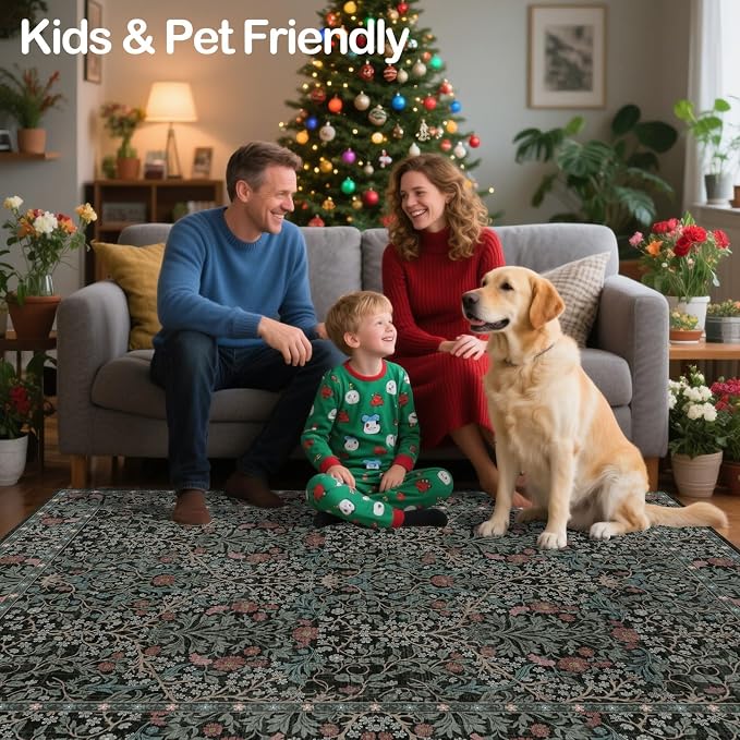 6x9 Washable Area Rugs for Living Room, Stain Resistant Vintage Rugs for Dining Room Under Kitchen Table, Bedroom, Floral Low Pile Non-Slip Large Carpet (6 x 9 Dark Green)
