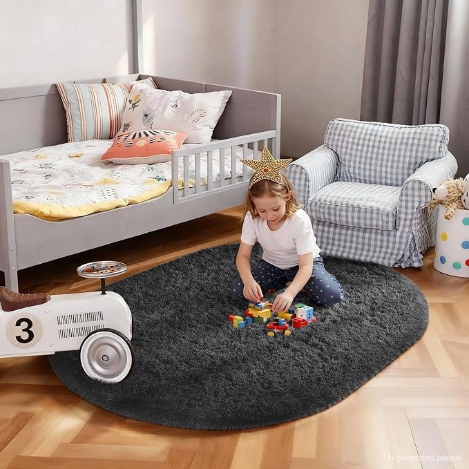 Ophanie 3x5 Oval Black Rugs for College Dorm, Bedroom Small Area Rug, Non-Slip Fluffy Shaggy Bedside Soft Shag Fuzzy Plush Carpet for Kids Boys Teen Home Decor Aesthetic, Nursery