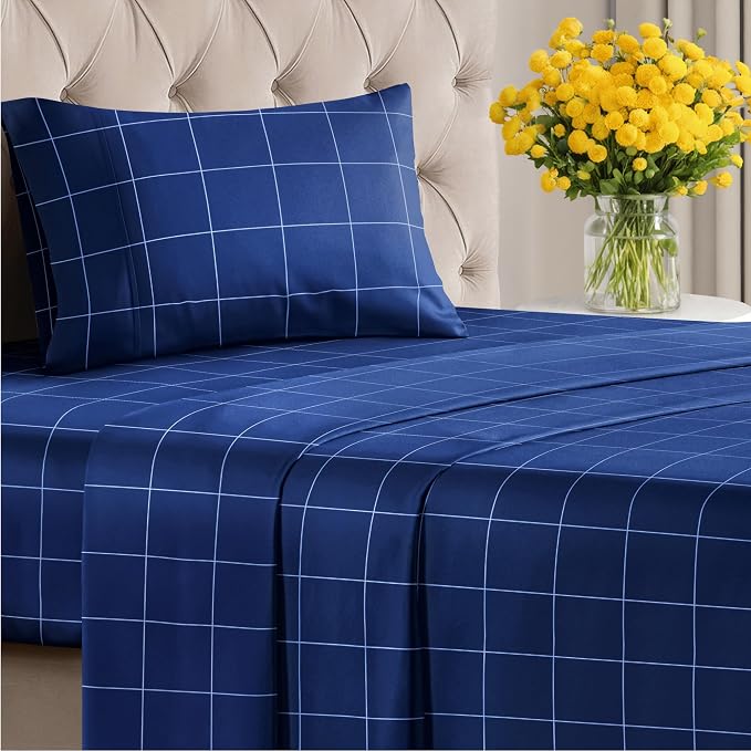 Twin 3 Piece Striped Sheet Set - Soft, Breathable & Cooling - Blue Grid | 1 Flat, 1 Fitted & 1 Pillowcase w/ Deep Pockets, Luxury Striped Bedding, Soft, Breathable & Cooling, Wrinkle & Fade Free