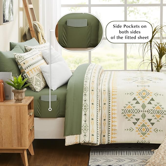Queen Comforter Set - 7 Pieces Western Bedding Set Reversible Bed in A Bag | Boho Bedding, All Season Aztec Bed Set with Comforter, Sheets, Pillowcases & Shams, Olive Green