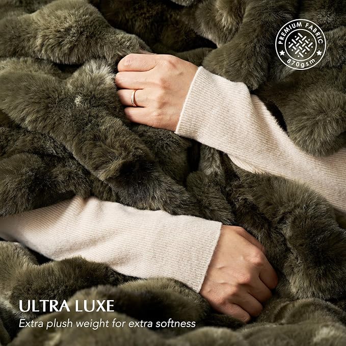 EverGrace Faux Rabbit Fur Bubble Throw Blanket, 60"x80", Marble Olive | Ultra Soft, Luxury Faux Rabbit Fur Throw, Thick Warm Bubble Blanket, Cozy Fluffy Reversible, for Bed, Couch, Chair, Sofa