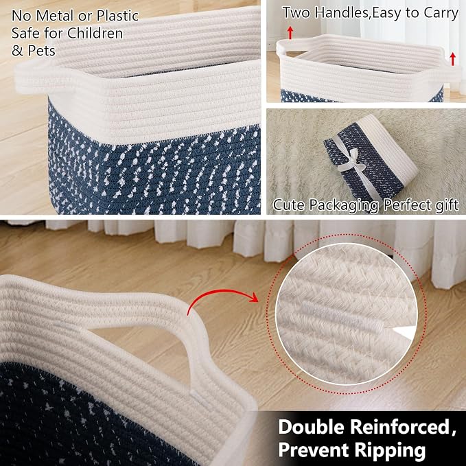 OIAHOMY Storage Basket, Woven Baskets for Storage, Cotton Rope Basket for toys,Towel Baskets for Bathroom - Pack of 3,White Blue