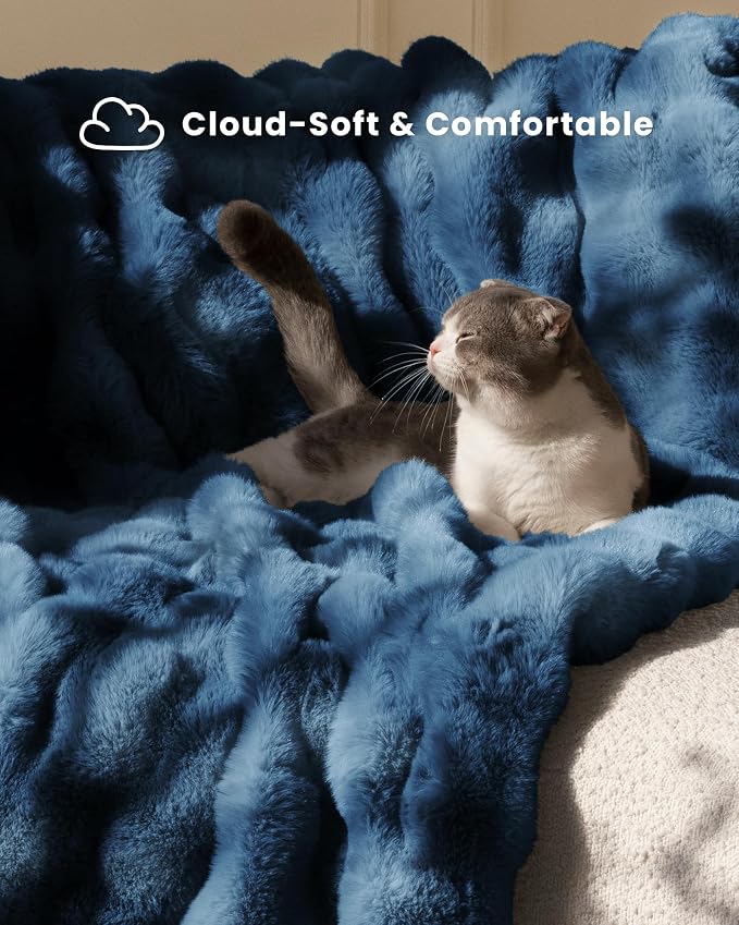 Ultra Soft Cozy Faux Fur Throw Blanket, Fuzzy Plush Thick Bubble Blanket, Oversize Luxury Fluffy Blanket for Couch, Sofa, Bedroom, and Living Room,50x60 Inches,Blue