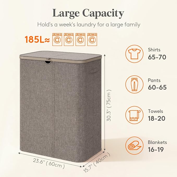 Lifewit 185L 3 Section Laundry Hamper with Lid, Laundry Basket, Brown | Large Foldable Laundry Sorter with 3 Removable Bags, Tall Clothes Hamper for Bedroom and Bathroom