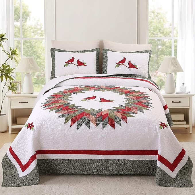 vctops 3 Pieces Christmas Cotton Quilted Quilt Set (Birds,Oversize Queen) | Vintage Cardinal Patchwork Bedspread Coverlet Soft Lightweight Bedding Sets 1 Quilt with 2 Pillow Shams